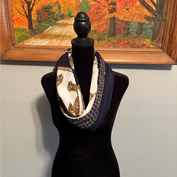 Jim Renoir Vintage Extra Large Square Pheasant Scarf 46x46 EUC Blue/White/Gold - Picture 5 of 14